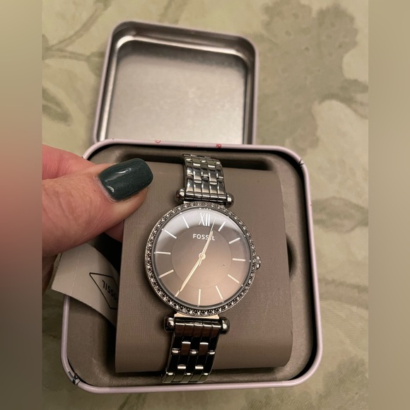 New Fossil Rhinestone Details Stainless Steel Watch Christmas Holiday Cheer Tin - Picture 10 of 16